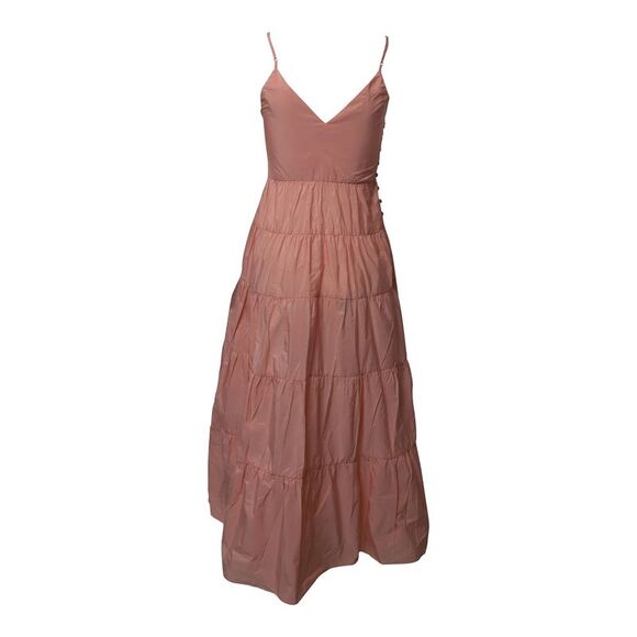 Maje Tiered Strappy Sleeveless Maxi Dress in Peach Taffeta Polyester